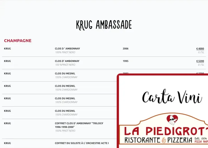Carta Vini LaPiedigrotta, schermata su tablet
